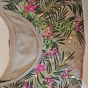 Catherines | Women's Tan Pink Tropical Floral Short Sleeves Cotton Blend Tee 1X